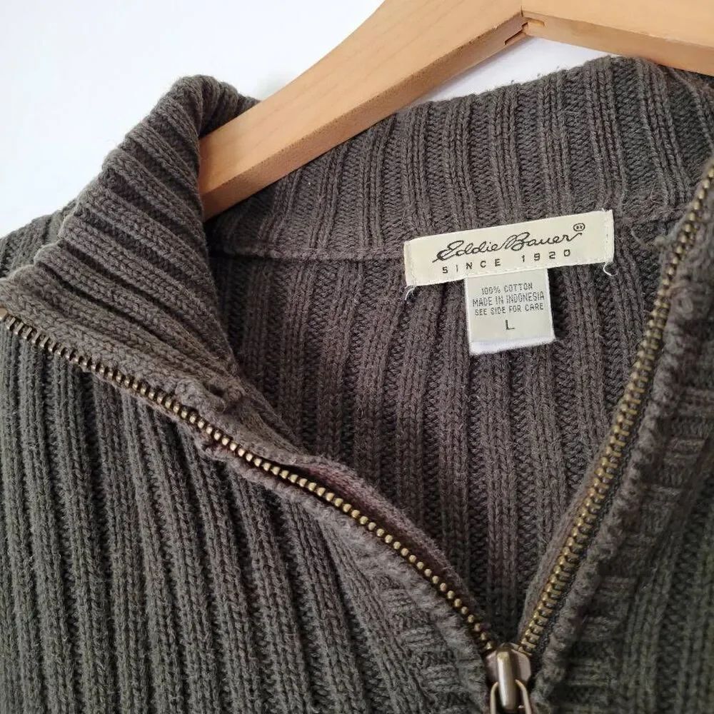 Eddie Bauer Men’s Ribbed Half Zip Sweater L Olive Green 100% Cotton Vintage Y2K - Picture 4 of 7